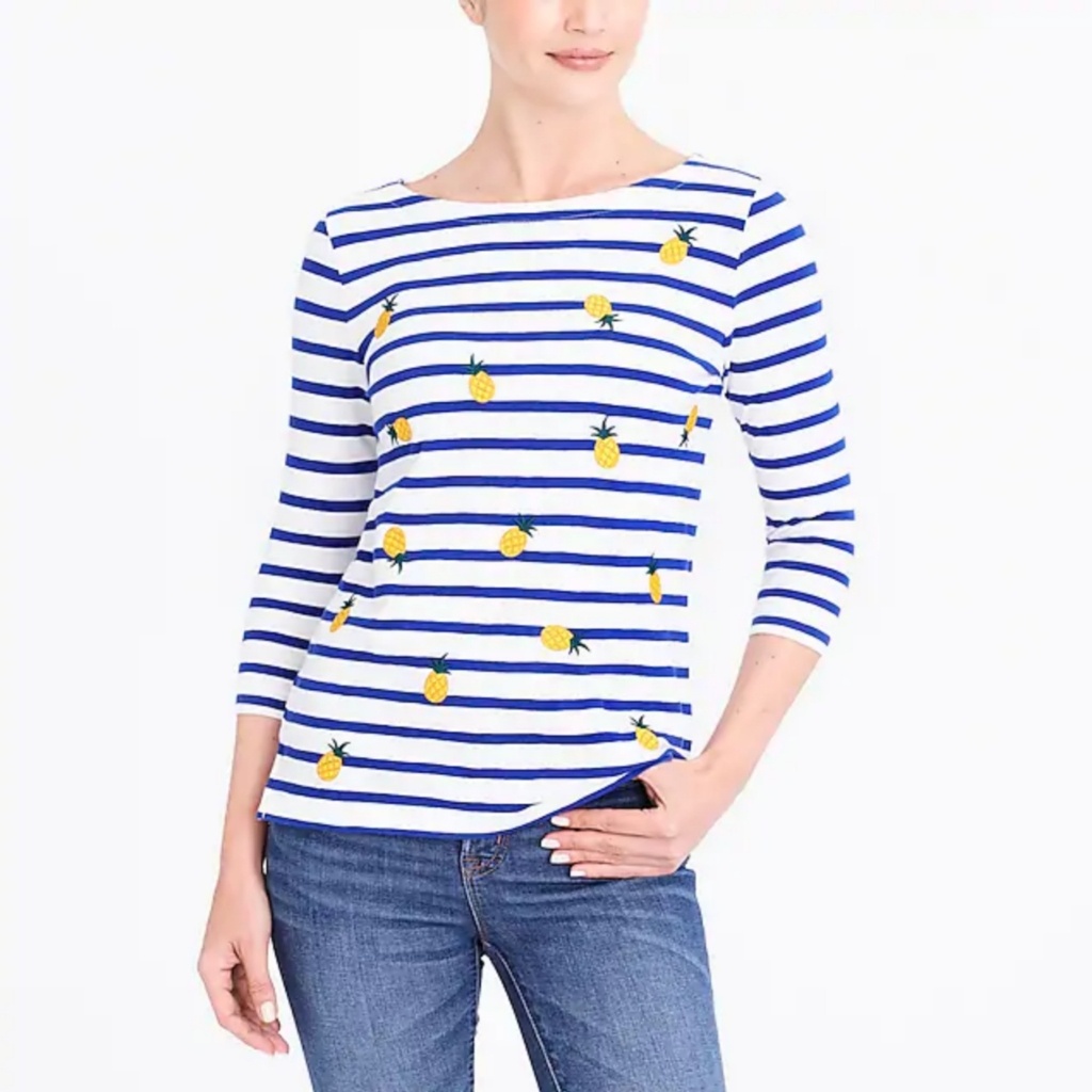 Jcrew Pineapple 3/4 Sleeve Stripped Scoop Neck Top